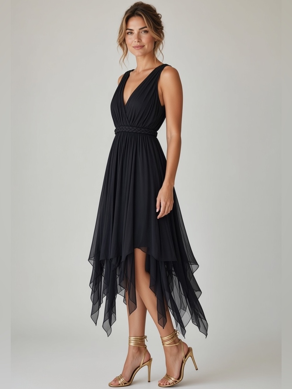 60s Black GRECIAN Rayon Chiffon Hndkerchief Hem Witchy Evening Dress | M